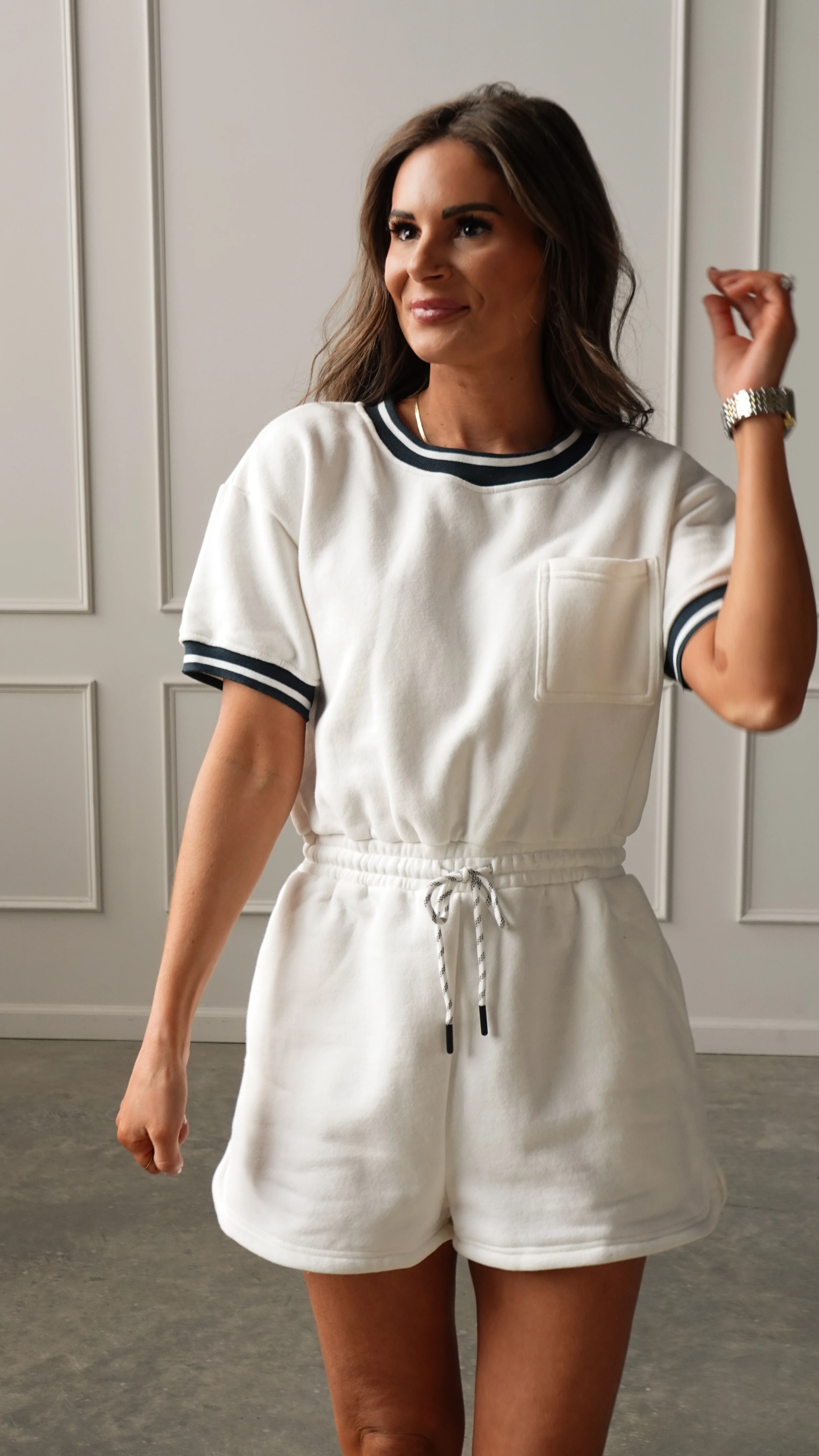 White/Green Drawstring Romper - Image 7