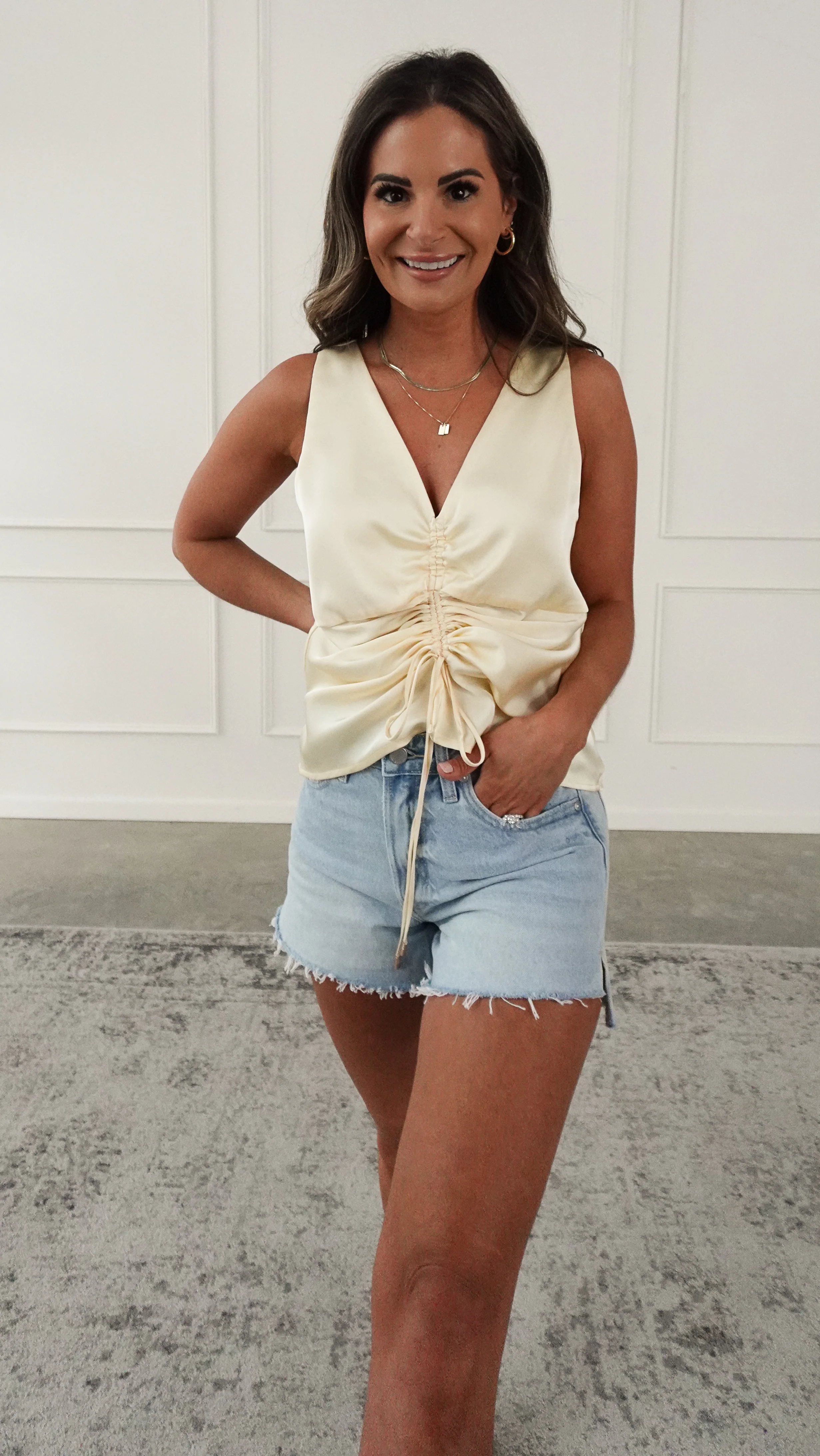 Yellow Satin Ruched Sleeveless Top - Image 6